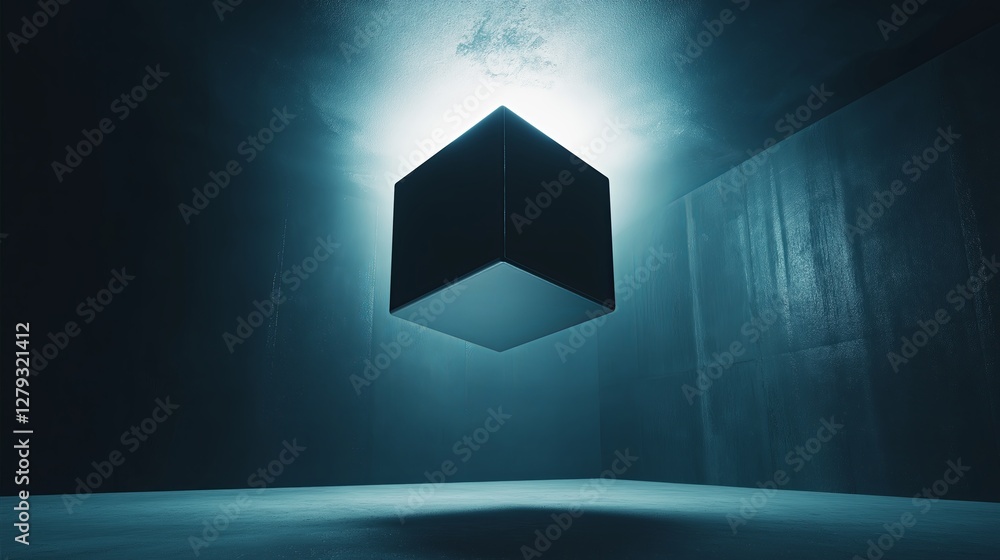 Aufkleber A 3D cube floating in a dark void with dramatic lighting