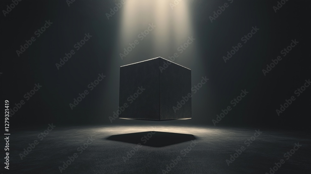 Aufkleber A 3D cube floating in a dark void with dramatic lighting
