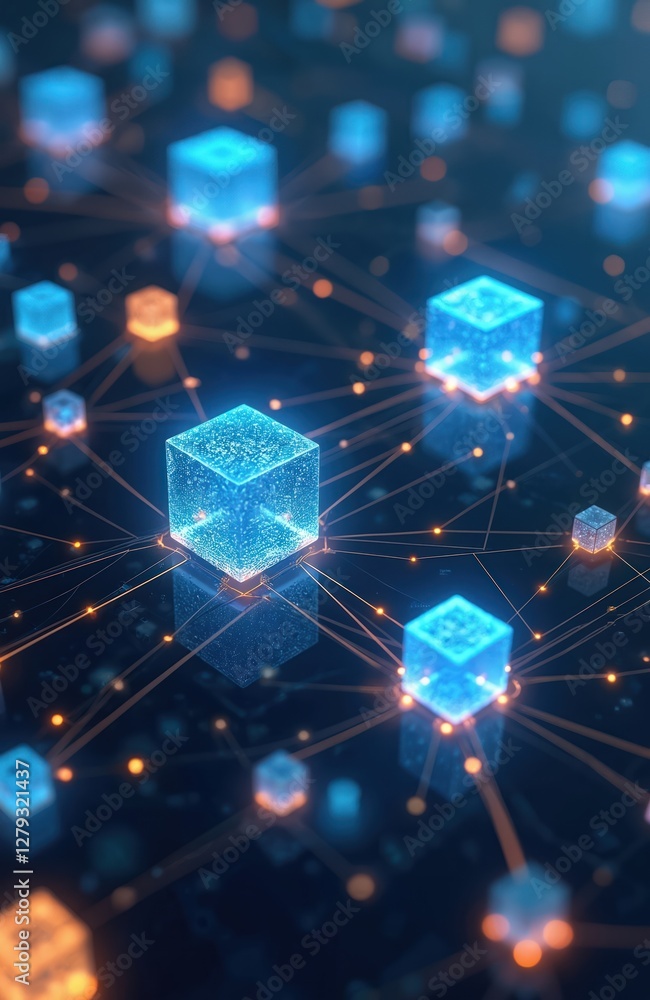 Poster interconnected glowing neon cubes symbolize blockchain tech, digital data visualization, futuristic 