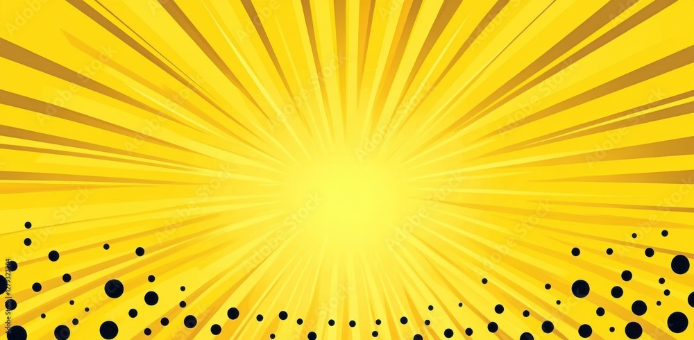 Poster yellow background with sun rays and dots, vector illustration in a comic style. simple design with b