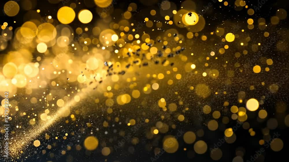 Poster elegant golden particle streaks floating on a black background with bokeh effect