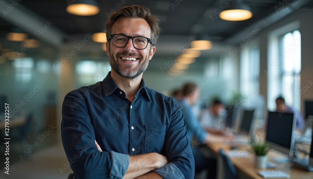 Poster portrait of smiling programmer man wearing eyeglasses in office. confident developer, engineer with 