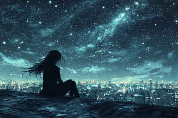 A lone figure contemplates the mesmerizing starlit sky above the vibrant cityscape, embraced by a cool night breeze and the city's soft glow.
