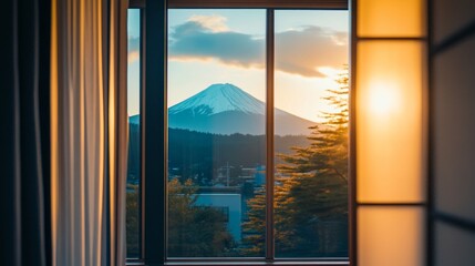 Fototapeta premium Experience Serene Luxury in a Modern Room With Breathtaking Views of Mount Fuji During a Clear Day in Japan
