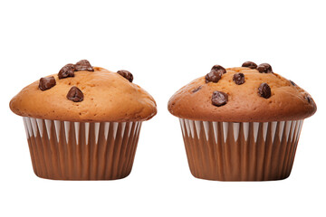 Two cupcakes with chocolate chips isolated on transparent background.