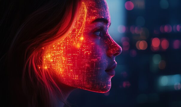 Futuristic Side Profile of Woman Illuminated by Glowing Neon Network Nodes and Interconnected Pathways - Artificial Intelligence and Human-Machine Integration