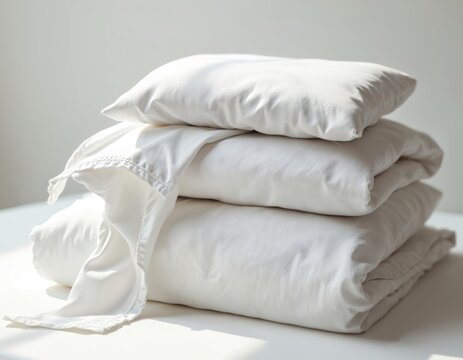 Freshly washed white cotton bed sheets neatly folded. Clean surface in room. Bedding set plain soft smooth comfortable luxury household decor fabric. Home interior linen duvet stack sleep rest