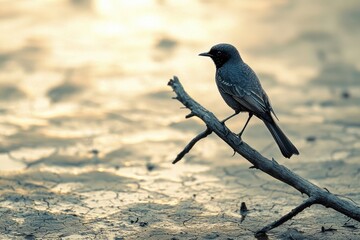A serene black bird perched on a branch overlooking a cracked earth landscape, bathed in the warm light of a golden hour, creating a peaceful and evocative scene.