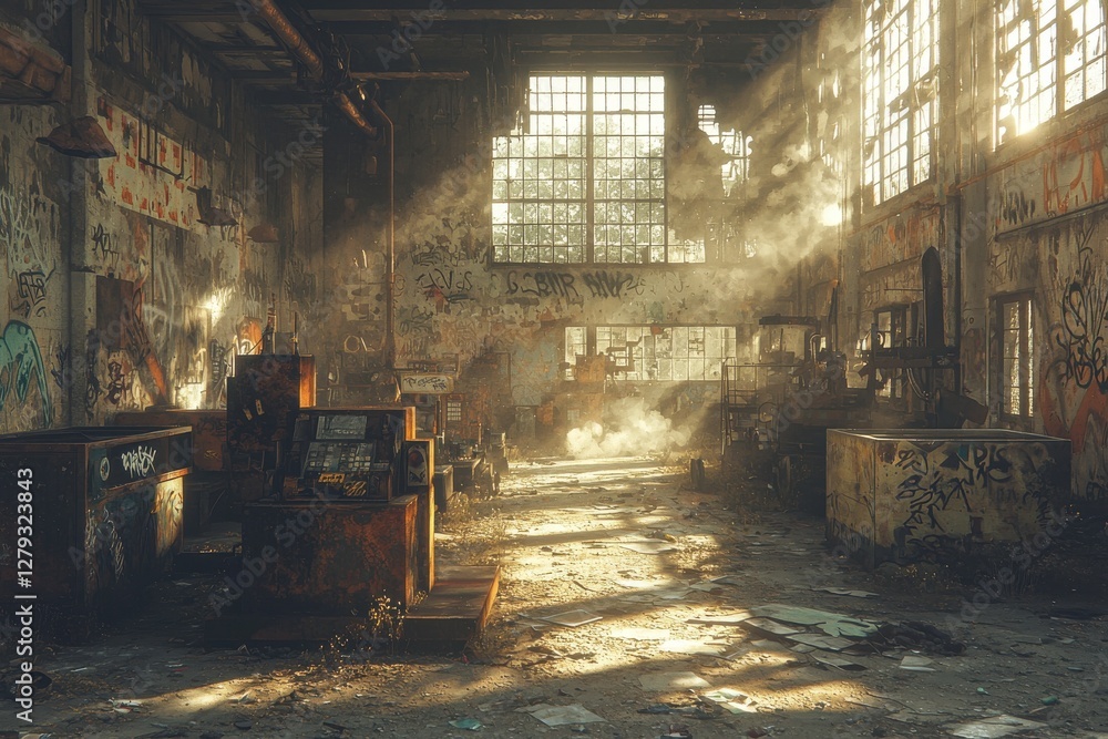 Poster interior view of a derelict industrial building with sunlight streaming through broken windows, crea