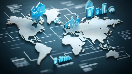 A digital representation of a world map featuring business icons and data analytics, symbolizing global connectivity and innovation.