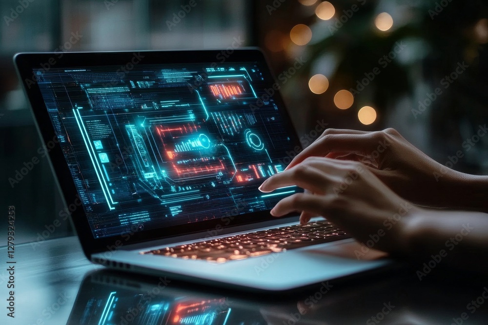Poster professional in casual attire interacting with futuristic ai interface on laptop screen in a bright 