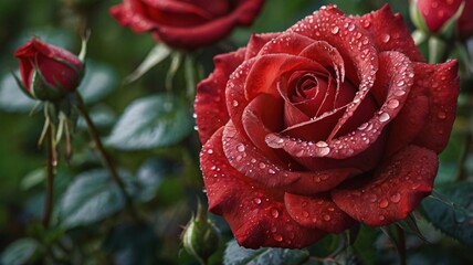 Red Rose, Beautiful single red rose blooming in the garden, Close-up picture of one red rose isolated on forest background