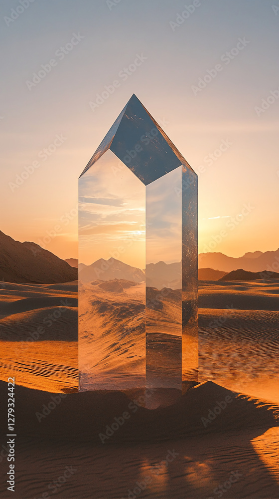 Poster a reflective pyramid structure in the desert at sunset, symbolizing the fusion of modern architectur
