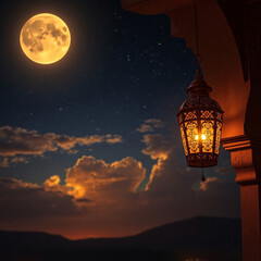 Fototapeta premium Glowing Crescent Moon and Lantern Under a Dreamy Starry Night for Serene Ramadan Celebrations