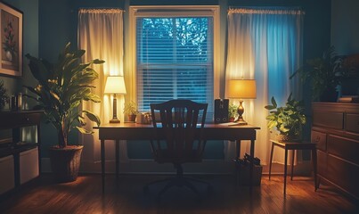 Fototapeta premium Cozy modern home office at night with stylish desk, comfortable chair, decorative plants, and soft lighting from a desk lamp, creating a peaceful