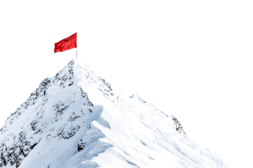 Red flag on top of a snow - covered mountain peak isolated on transparent background.PNG