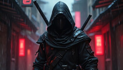 Cyberpunk ninja warrior in dark clothes and hood with sword. Futuristic assassin in night city. Cyber fighter concept. AI generated art with rain and red neon lights.
