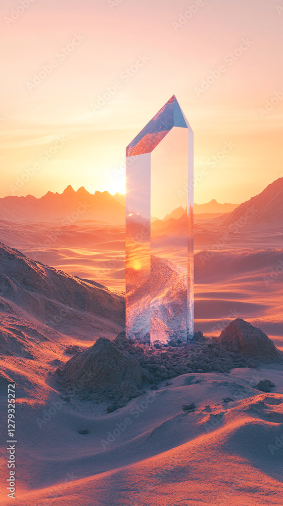 Poster a crystal pyramid reflecting the vibrant sunset and surrounding landscape on sand dunes, creating a 