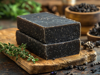 Handmade Organic Black Soap with Herbs on Rustic Wooden Board  