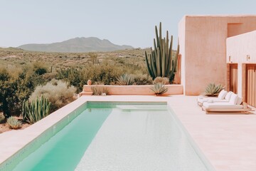 scenic view dessert with cactuses there is a swimming pool with moroccan tiles, cinematic filter