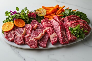 A vibrant platter showcasing raw beef cuts and various garnishes, including fresh carrots, oranges, and microgreens, all artfully arranged on a pristine marble surface.