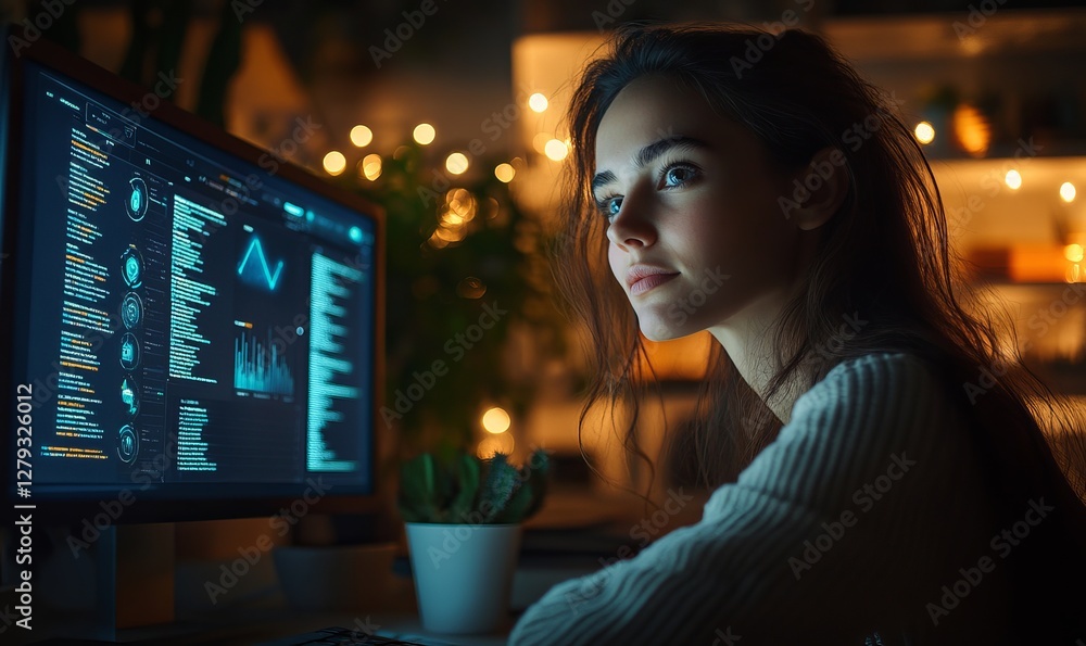 Poster marketer analyzing customer data on crm system ai interface at night, concept of data management and