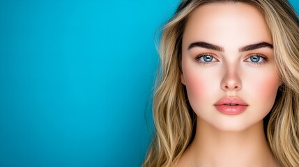 Close-up portrait of a young woman with blonde hair against a vibrant blue background. Her flawless skin and bright blue eyes are captivating.
