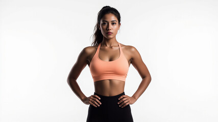 Fototapeta premium Fitness model striking a confident pose in workout attire against a plain backdrop