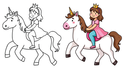 A princess is riding a horse Isolated Line Art Vector Outline Illustration Black and White with Coloring Sample
