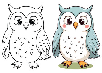 Cute Owls Isolated Line Art Vector Outline Illustration Black and White with Coloring Sample