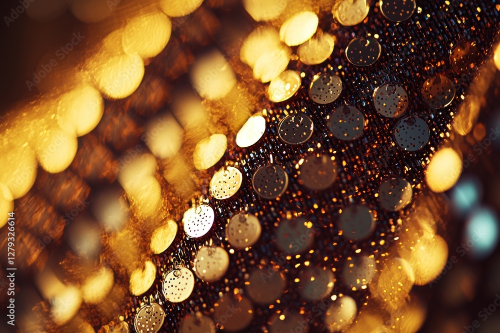 Poster close-up of a shimmering fabric with golden sequins, creating a sparkling and luxurious texture, per