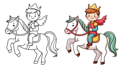 A prince is riding a horse Isolated Line Art Vector Outline Illustration Black and White with Coloring Sample