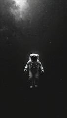 Fototapeta premium Astronaut floats in deep black space under starry sky. Space suit, helmet details visible. Zero gravity, deep space travel. Space exploration, sci-fi concept. Technological advancement, future. Dream