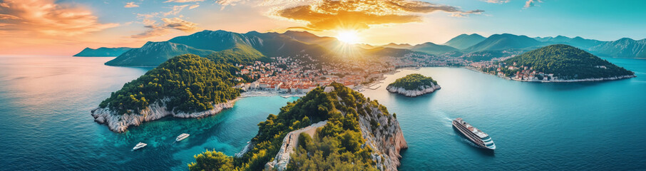 Scenic aerial view of coastal town with islands and cruise ship at sunset
