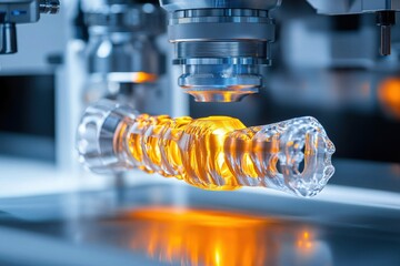 Advanced 3D printing technology creating a human spine model, illuminated with vibrant golden light, symbolizing innovation in medicine and the future of healthcare solutions and diagnostics.