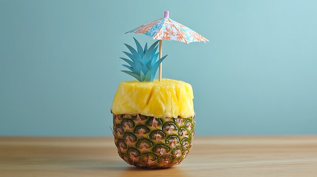 A refreshing tropical smoothie served in a pineapple shell with a paper umbrella