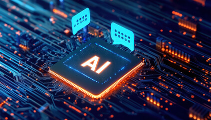 Obraz premium Conceptual image with a speech bubble next to an interactive AI CPU. 3d rendering 
