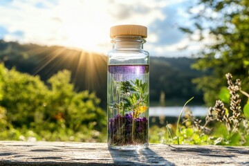 Plant-based health potion in clear vial nature setting macro photography afternoon sun colorful botanical elements