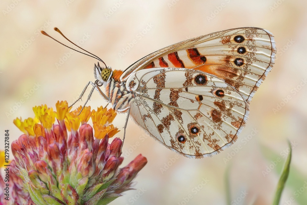 Poster a detailed macro shot of a beautiful butterfly with intricate wing patterns, resting gently on a vib