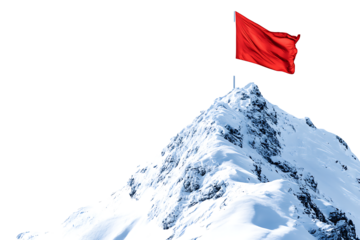 Red flag on top of a snow - covered mountain peak isolated on transparent background.PNG