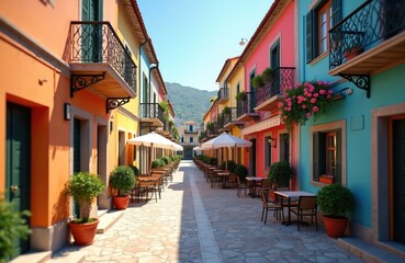 Fototapeta premium Narrow street in old town of Budva Montenegro with colorful buildings. Tables line street with umbrellas, creating inviting outdoor dining. Summer travel vacation destination, architecture concept.