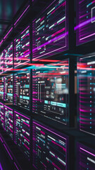 Fototapeta premium Visually stunning view of a futuristic digital interface with neon lights, displaying various screens and data, symbolizing modern technology and cyber systems for digital analytics. Gamer background