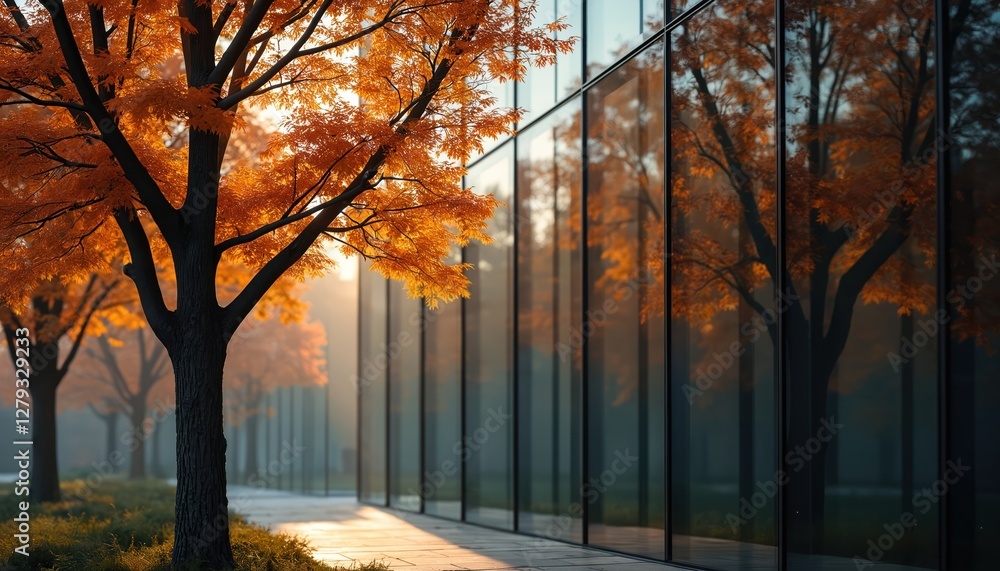 Poster tree with vibrant orange foliage reflects in mirrored glass facade of building. urban scenery displa