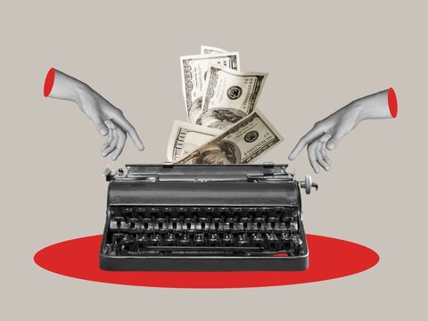 Composite collage of hands and old typewriter with money