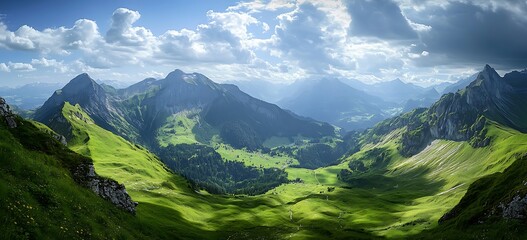 Dramatic Mountain Valley Vista A Stunning Landscape with Lush Green Hills, Rugged Peaks, and Dramatic Cloudy Sky