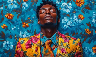a man wearing floral suit relaxing in front of a floral background with eyes closed