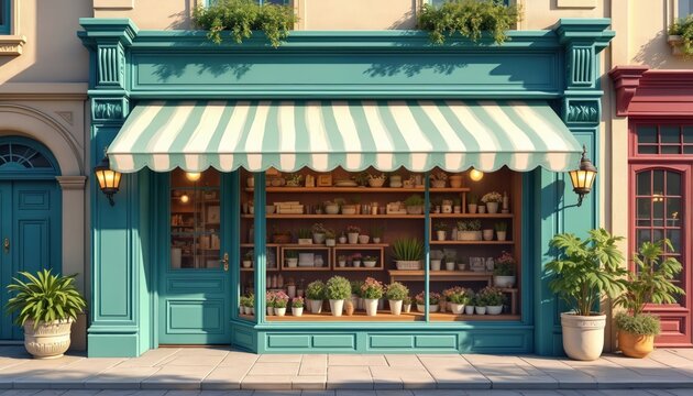 Charming shop front boasts striped awning, vintage window display. Plants, flowers adorn sill. Retail facade, floral arrangements, flower pots, cozy atmosphere invite inside. Small business local