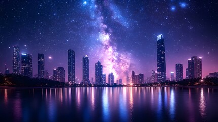 Fototapeta premium Stunning Night Cityscape with Starry Sky Vibrant Reflections | AI Generated