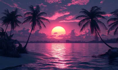 Vivid Retrowave Sunset over Tropical Beach with Palm Trees, Vibrant Neon Colors, 80s Synthwave Aesthetic, Dreamlike Evening Seascape, Digital Art