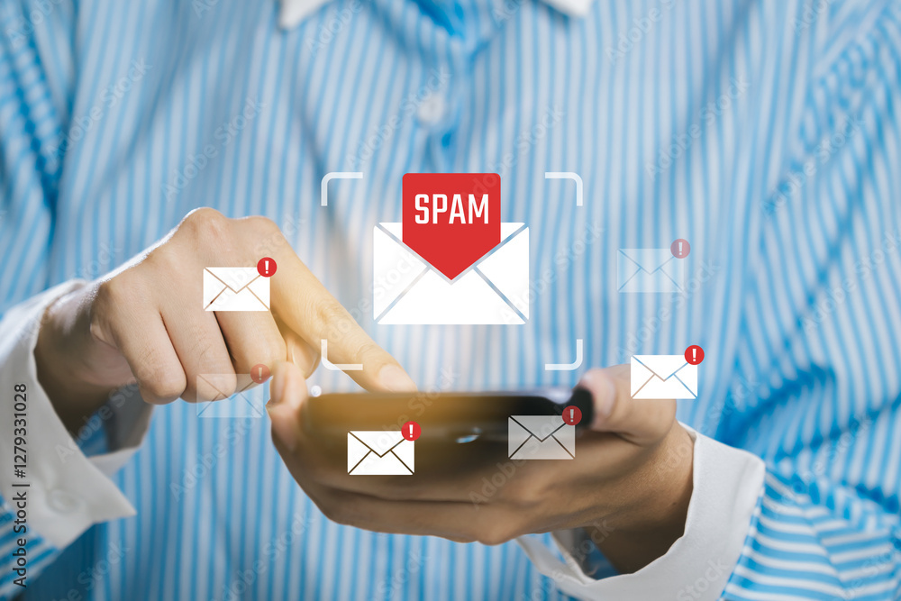Aufkleber smartphone user identifying spam emails in digital environment